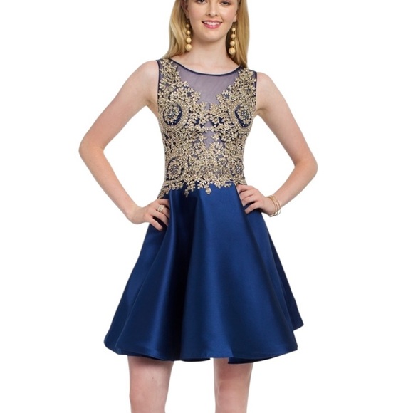 Camille La Vie Embroidered Sequin Formal Prom Pageant Mini Dress Blue Size 00 - Picture 1 of 15